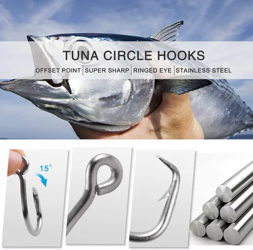 Miniatura 2 de Ganchos circulares de atún, ganchos circulares de acero inoxidable para agua salada, 2 ganchos fuertes de mango corto para bagre, atún bajo