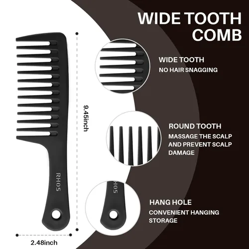 Miniatura 2 de RHOS Juego de peines para mujeres y hombres, 3 piezas, dientes anchos, cola de rata, peines para el pelo de tocador, peines desenredantes para todo