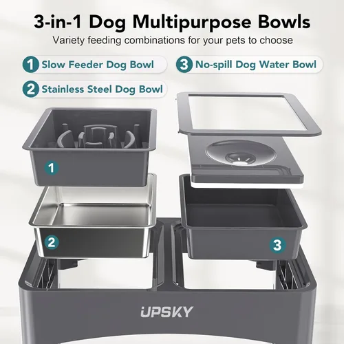 Miniatura 3 de UPSKY Cuencos elevados 3 en 1 para perros, comedero lento, soporte ajustable, dispensador de agua sin derrames, tazón de acero inoxidable para D-3