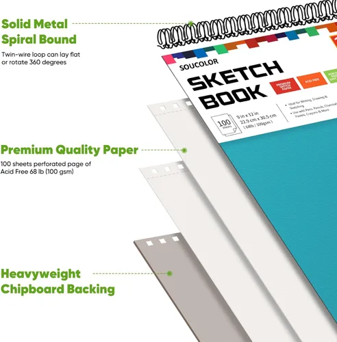 Miniatura 3 de Soucolor Suministros Escolares Cuaderno de bocetos de 9 x 12 pulgadas para profesor y estudiante de secundaria, paquete de 1 cuaderno de bocetos