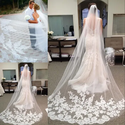 Miniatura 3 de Velo de novia con borde de encaje marfil con peine, tul de 118 pulgadas de longitud, Blanco