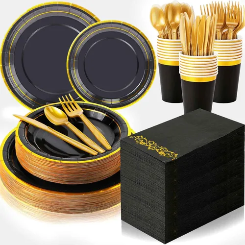 Juego de 350 platos desechables de plástico negro y dorado para fiesta de graduación para 50 invitados, cubiertos de 9 pulgadas, platos de postre de
