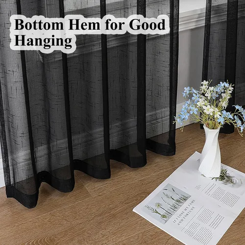 Miniatura 5 de Cortinas plisadas negras traslúcidas de 84 pulgadas de largo, 2 paneles para dormitorio, lino texturizado, ganchos transparentes para pista