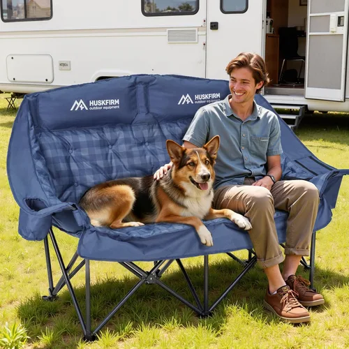 Miniatura 2 de Huskfirm Silla de campamento doble acolchada con respaldo alto para 2 personas, silla de campamento de gran tamaño, soporte de sofá biplaza de Azul