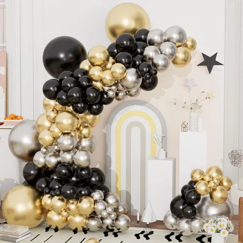 Kit de arco de guirnalda de globos negros y dorados y plateados, 144 piezas de diferentes tamaños, decoraciones de Año Nuevo para Año Nuevo,