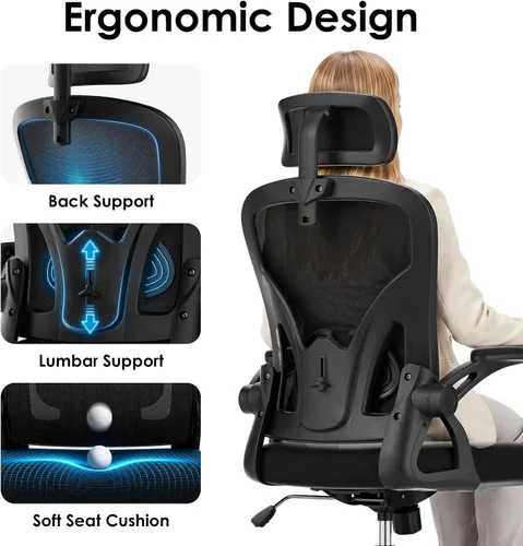 Miniatura 4 de Farini Silla ergonómica de oficina, silla de escritorio para oficina en casa con reposacabezas, silla de computadora de respaldo alto con Negro-negro