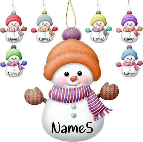 Miniatura 9 de Adornos de Navidad personalizados de muñeco de nieve, juego de adornos de Navidad de madera personalizados con nombres, decoraciones para colgar