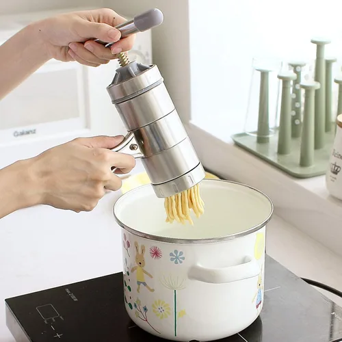 Miniatura 8 de Prensa manual de fideos de acero inoxidable, manivela de mano, máquina de prensa de masa de fettuccine para fideos, máquina de pasta con 5 moldes
