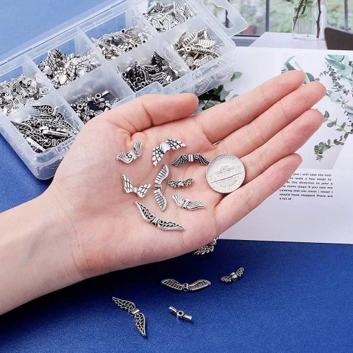 Miniatura 5 de Pandahall - 240 colgantes de aleación de alas de plata antigua, dijes de estilo tibetano, cuentas sueltas espaciadores para hacer joyas de ángeles