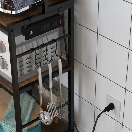 Miniatura 5 de Estante para panaderos con cestas y toma de corriente, estante de almacenamiento de cocina de 5 niveles con ganchos, estante de soporte para horno