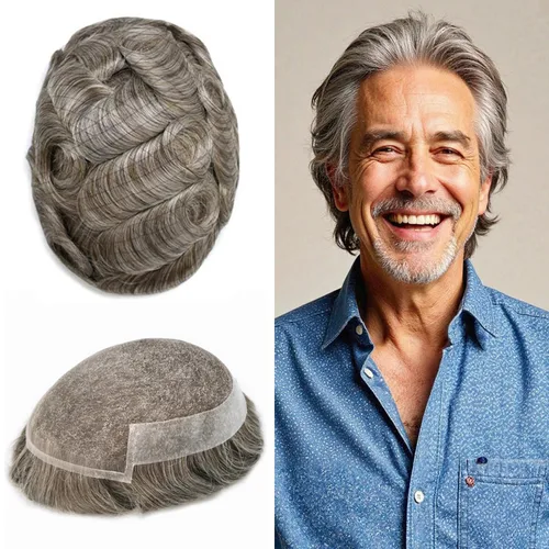 Toupee - Pieza de cabello humano real para hombre, sistema de reemplazo de encaje suizo suave para hombre, tupé, protesis capilar para hombre (7 x 9