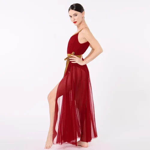 Miniatura 7 de ODASDO Lyrical Dance Costumes for Women Camisole Mesh Tulle Long Dress with Belt Adult Ballet Dancewear Competition Clothing