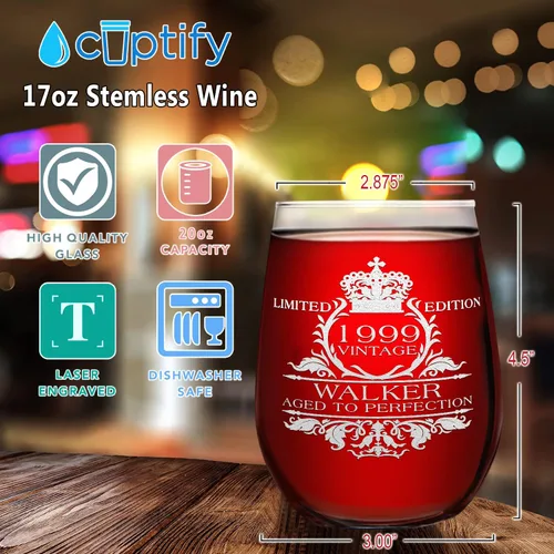 Miniatura 2 de Cuptify Copa de vino personalizada para mujer, regalo de cumpleaños número 26, edición vintage de 1999, 17 onzas, copa de vino sin tallo, regalos