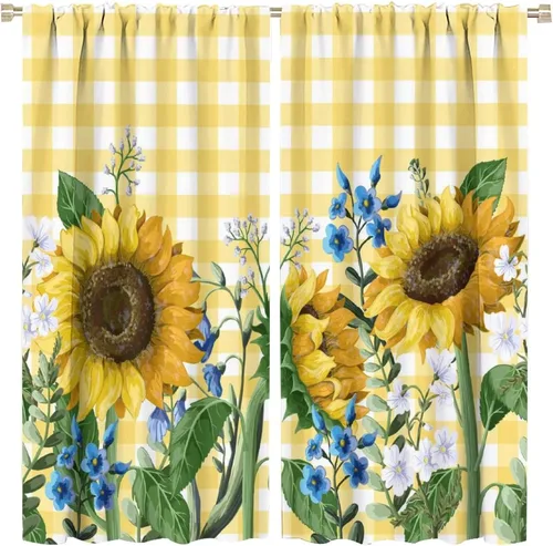 Miniatura 10 de Cortinas opacas con diseño de girasol, rústico, con diseño de girasol, mariposa, verde, amarillo, negro, para niñas, mujeres, dormitorio, sala