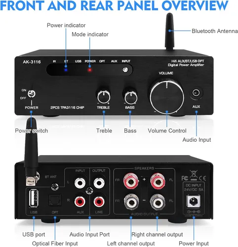 Miniatura 7 de Amplificador de audio para el hogar, receptor estéreo Bluetooth 5.0 amplificador de potencia 100 W x2 inalámbrico HiFi estéreo clase D digital 2