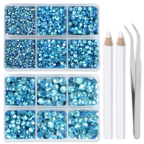 Miniatura 18 de LPBeads 6400 unidades de diamantes termoadhesivos de 12 colores con parte trasera plana, 5 tamaños mixtos, gemas de cristal redondas con pinzas