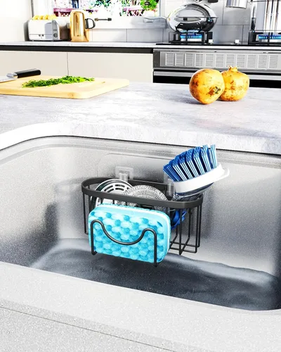 Miniatura 7 de HapiRm Organizador de esponja multifuncional con forma única en M, 2 métodos de instalación, organizador de fregadero de cocina, organizador