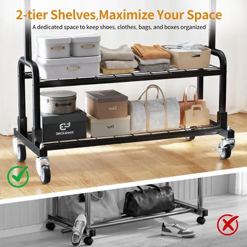 Miniatura 7 de Luxspire Perchero de ropa resistente, con carga de 600 libras, percheros con ruedas resistentes y estantes de 2 niveles, perchero ajustable