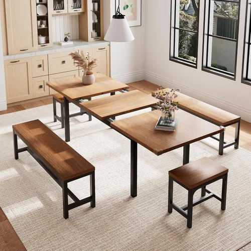 Miniatura 12 de Einhomn Juego de Mesa de Comedor de 5 Piezas para 4-6, Mesa de Cocina Extensible de 63" con 2 Bancos y 2 Taburetes, Estructura de Metal y Tablero