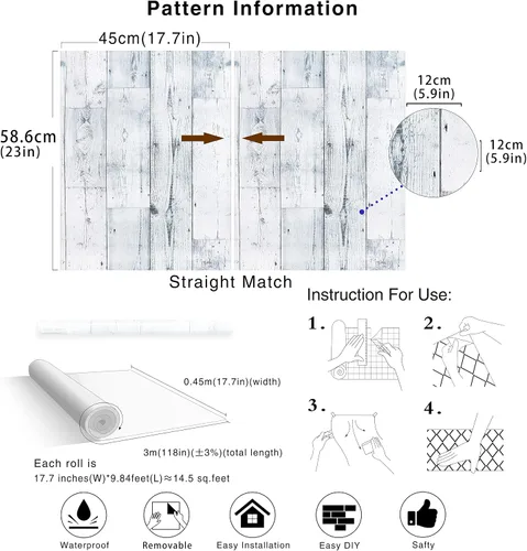 Miniatura 5 de HAOKHOME Papel Tapiz de Madera Despegar y Pegar Shiplap Gris Claro/Blanco/Azul Tablón de Madera Desgastada Removible Forro de Estante Papel