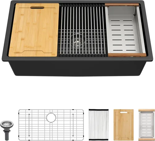 Miniatura 20 de Lordear Fregadero de Bar Empotrado de Granito Compuesto de 18 Pulgadas 18"x18" Fregaderos de Cocina de Cuarzo Compuesto Negro de Un Solo Tazón Bajo