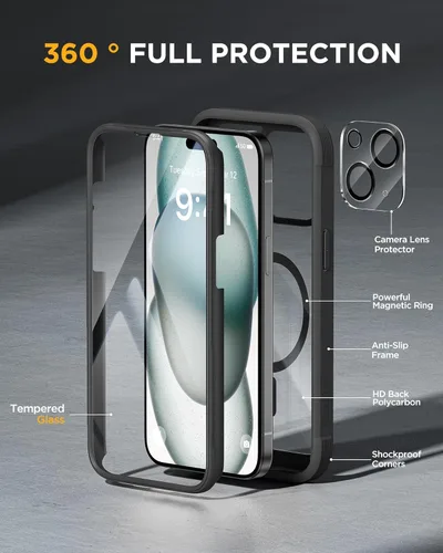Miniatura 2 de Miracase - Funda magnética de cuerpo completo para iPhone 15, compatible con MagSafe, con protector de pantalla de vidrio templado 9H antihuellas