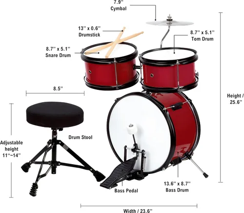 Miniatura 3 de 5 piezas Kids/Junior Drum Set 13" bombo/Principiante (Estándar) /Juguetes musicales para niños, instrumento musical (rojo)