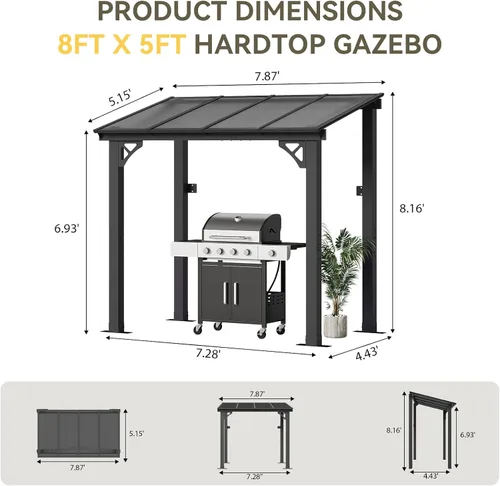 Miniatura 7 de Aoxun Pérgola de 8 x 5 pies para patio, cenador con techo inclinado, pérgola para parrilla grande montada en la pared, toldos resistentes