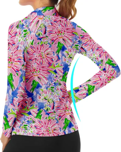Miniatura 88 de WOWENY Camiseta deportiva de manga larga para mujer, con cremallera de un cuarto, cuello para entrenamiento, camiseta de tenis con estampado