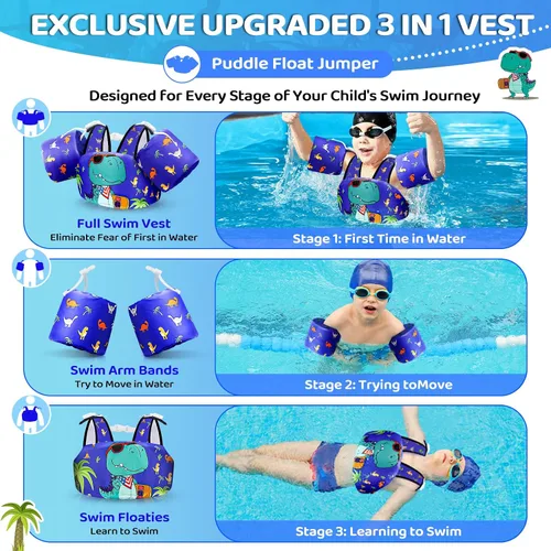 Miniatura 3 de Vvinca Chaleco de natación para niños pequeños de 22 a 66 libras (2 a 6 años) - Flotadores de piscina 3 en 1 para niños con bandas de brazo