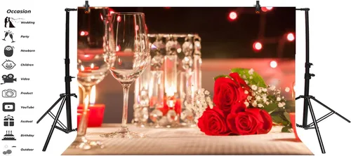 Miniatura 2 de Haoyiyi Telón de fondo romántico de aniversario de 7 x 5 pies con rosas rojas románticas, amor, champán, luz de velas, cena, fondo de fotografía