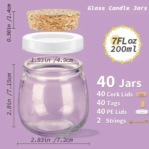 Miniatura 3 de Syntic Paquete de 40 tarros pequeños de vidrio con tapas de corcho, tarros de masón vacíos de 7 onzas para hacer velas, recipiente de yogur