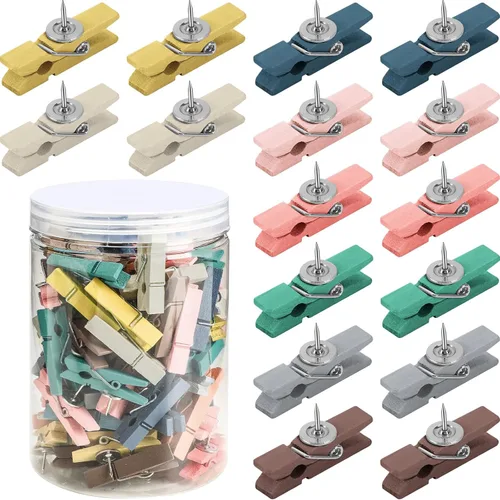 Miniatura 12 de SANNIX 100 clips de madera con tachuelas para el pulgar para tablón de anuncios, decoraciones de tablero de corcho y escuela, oficina, manualidades