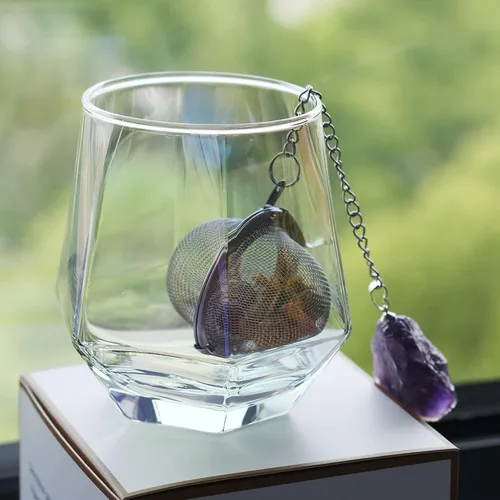Miniatura 4 de Infusor de té de cristal, cristal de amatista, colador de té de malla de acero inoxidable, filtro de té de bola de cristal de amatista con gancho