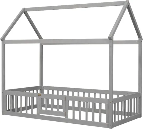 Miniatura 9 de Cama de casa individual para niños con barandillas de valla, marco de cama Montessori de madera tamaño individual con puerta pequeña para niños