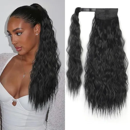 Miniatura 20 de Extensión de cola de caballo ondulada larga con pegamento mágico, resistente al calor, sintética, para envolver, cabello ondulado, para mujer