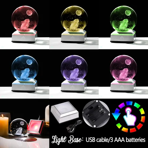 Miniatura 2 de Figura de bola de cristal grabada en 3D de conejo y estrellas de luna de 3.15 pulgadas con base de luz LED, decoración de esfera de conejo