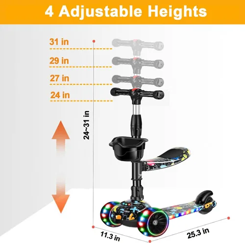 Miniatura 2 de Patinete 2 en 1 para niños de 3 a 8 años, altura ajustable, asiento extraíble, 3 ruedas de luz LED, actividades al aire libre para niños y niñas