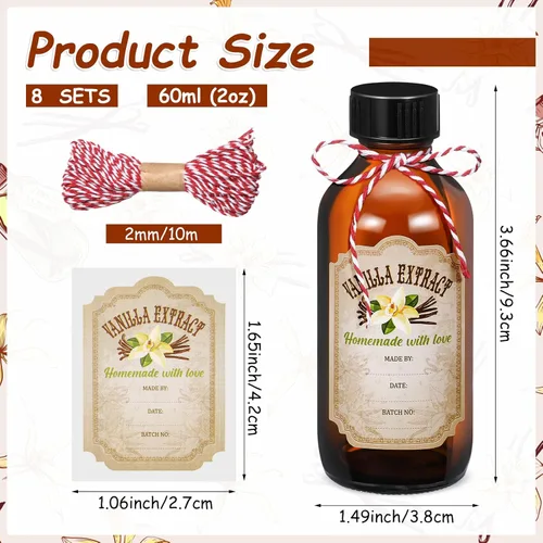 Miniatura 2 de Uiifan 8 Botellas de Extracto de Vainilla Boston Redondas con Tapas, Botella de Vidrio y 8 Etiquetas Adhesivas de Extracto de Vainilla para Jarabe