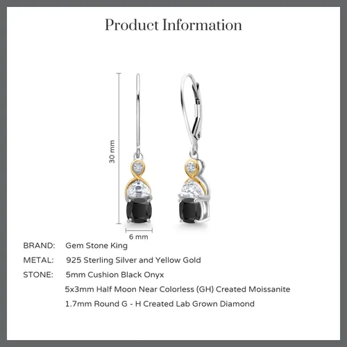 Miniatura 4 de Gem Stone King Aretes colgantes de plata 925 y oro amarillo de 10 quilates con ónix media luna moissanita creada y diamantes cultivados