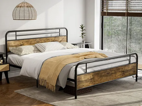 Miniatura 3 de IKIFLY Base de cama California King con cabecero de madera, cama de plataforma de metal California King, listones de acero resistente