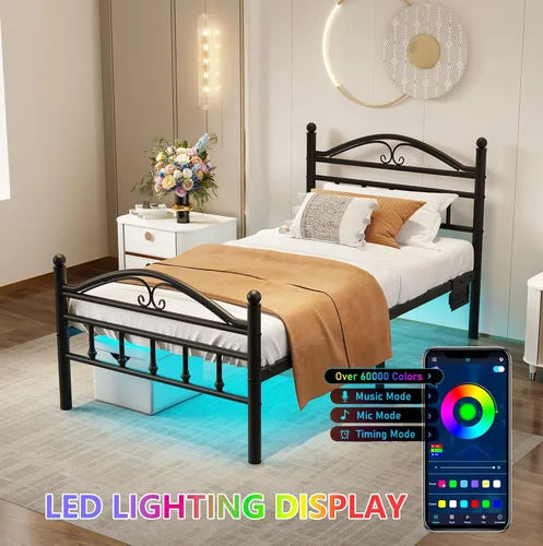 Miniatura 3 de Marcos de Cama Tamaño Twin con Estación de Carga, Marco de Cama de Plataforma de Metal Negro con Luces LED, Soporte de Listones de Acero Metal