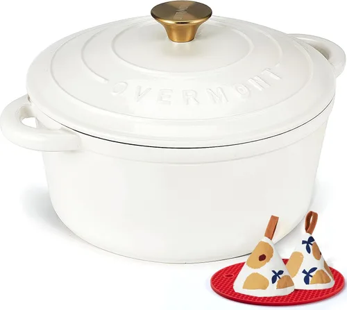 Miniatura 30 de Overmont Horno holandés de hierro fundido esmaltado, olla de 5.5 cuartos de galón con tapa de asas anchas, libro de cocina y agarraderas de algodón