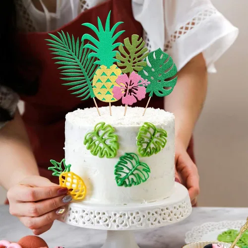 Miniatura 5 de 7 piezas de hojas tropicales con purpurina para tartas, plantas verdes de la selva, paletas, hojas de palmera, decoración de pasteles para verano