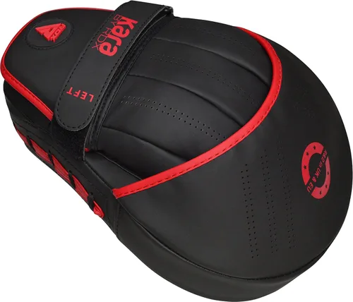 Miniatura 4 de RDX Almohadillas de boxeo Curvadas Focus Mits, Maya Hide Leather Kara Hook and jab Training Pads, correa ajustable ventilada, MMA Muay Thai Rojo