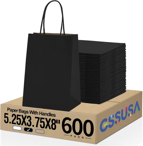Miniatura 10 de GSSUSA Bolsas de regalo negras de 5.25 x 3.75 x 8 pulgadas, 100 unidades, bolsa para el día de San Valentín, bolsas de papel negro con asas a