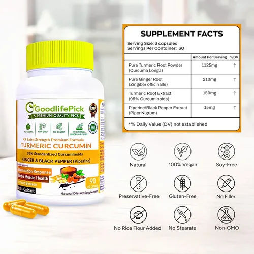 Miniatura 4 de Cápsulas de cúrcuma prémium con jengibre y pimienta negra. Suplemento de cúrcuma de cúrcuma curcumina 95% curcuminoides y raíz de jengibre. Polvo