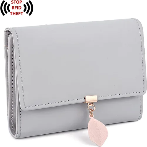 Miniatura 20 de UTO - Cartera pequeña RFID de piel sintética con dije de hoja, cierre de cremallera y tarjetero.
