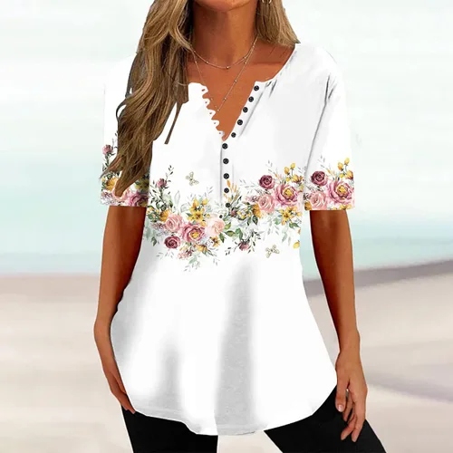 Miniatura 14 de Summer Shirts for Women 2025 Plus Size Short Sleeve Henley Tops Marble Floral Loose Tshirt Tee Casual Dressy Tunics
