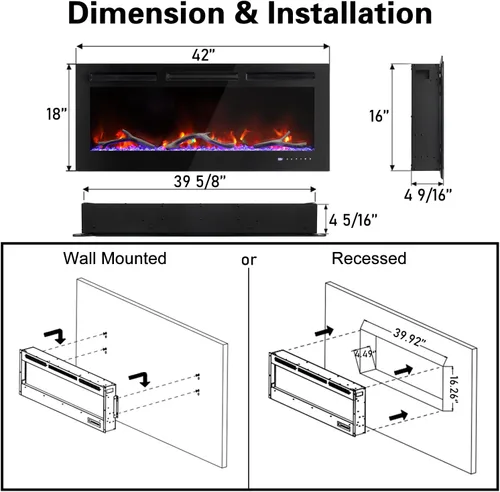 Miniatura 5 de Cheerway Chimenea eléctrica inteligente WiFi de 42 pulgadas, calentador eléctrico empotrado y montado en la pared con sonido crepitante y llama